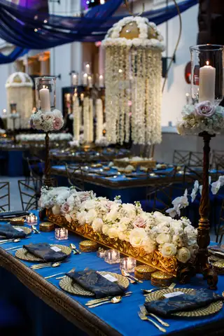 Blue and Gold Reception Tablescape